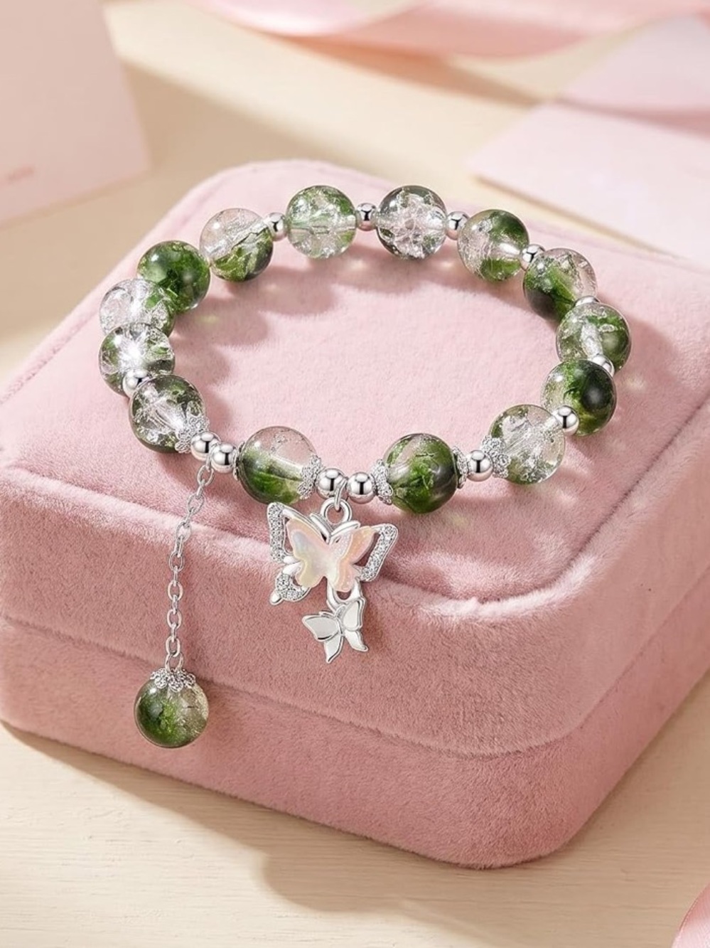 🆕New Green Crackle Glass Crystal Bracelet with Silver Butterfly Charm-Handmade